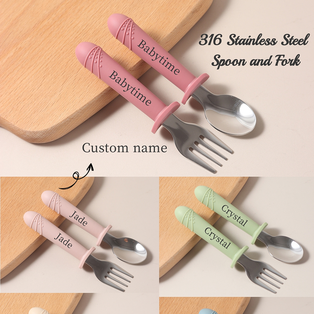 Baby Food Utensils Set - Custom Long Handle Silicone Spoon &