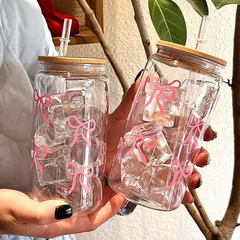 500ml Cute Bow Glass Cup Tumbl - Training Cup Straw 评论和价格