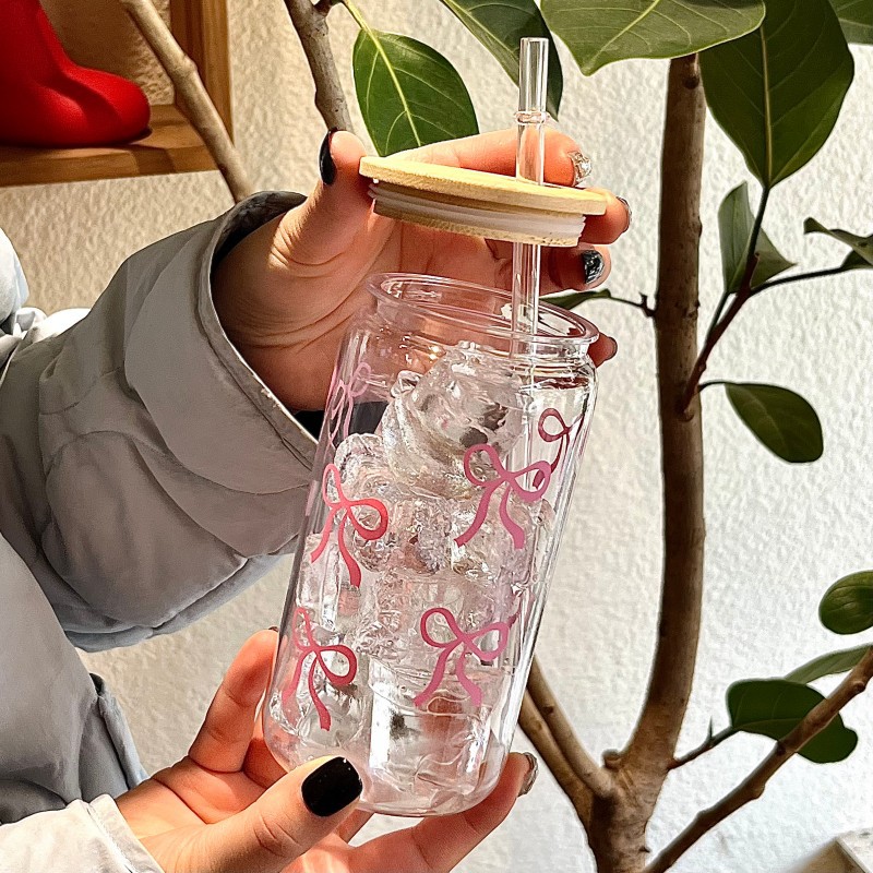 500ml Cute Bow Glass Cup Tumbl - Training Cup Straw 评论和价格