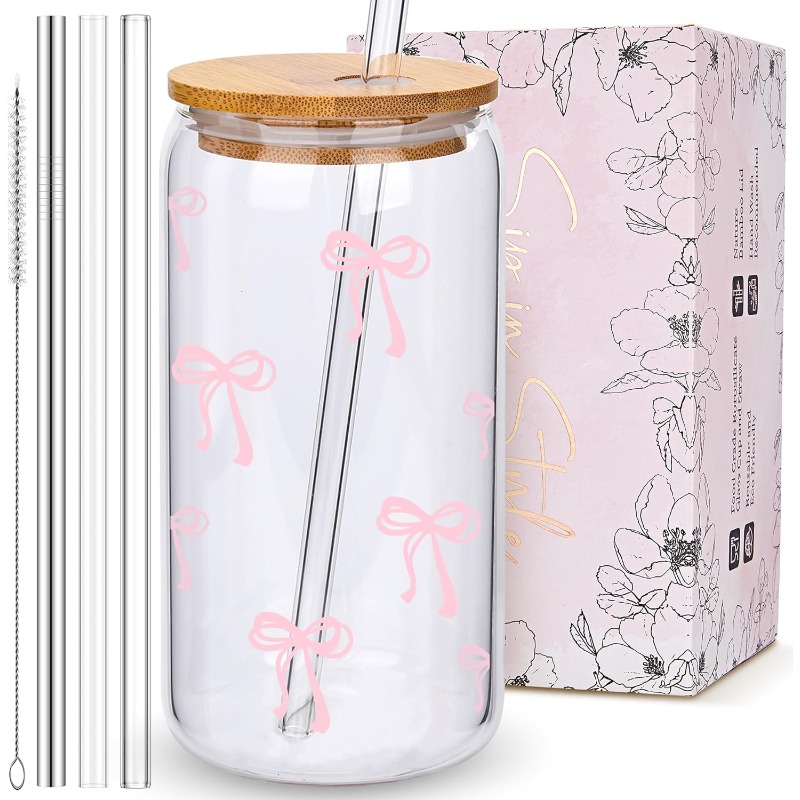 500ml Cute Pink Bow Glass Cups - Training Cup Straw 评论和价格